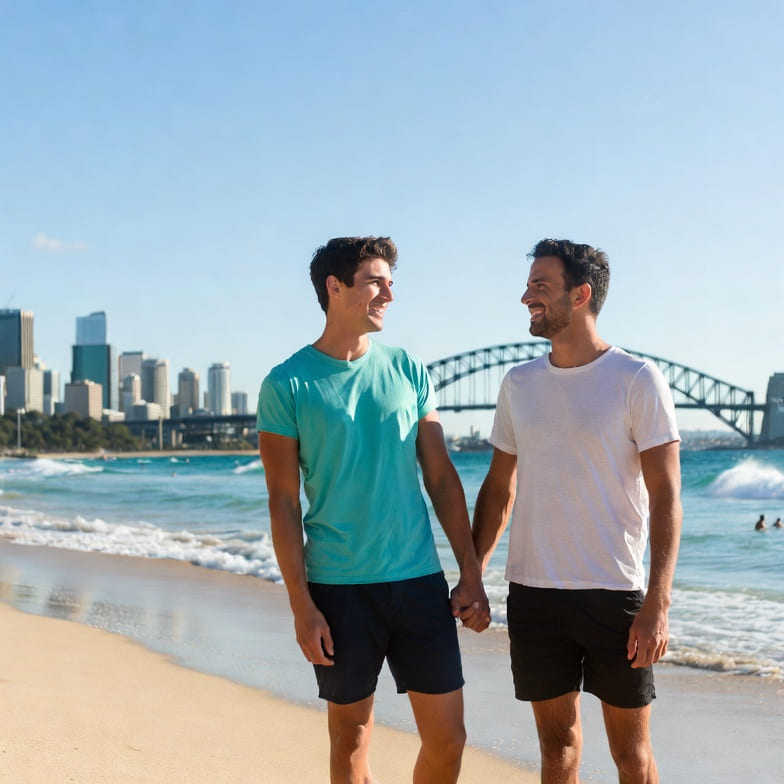 A happy gay couple enjoying the sunny weather on a beach in Sydney, Australia.