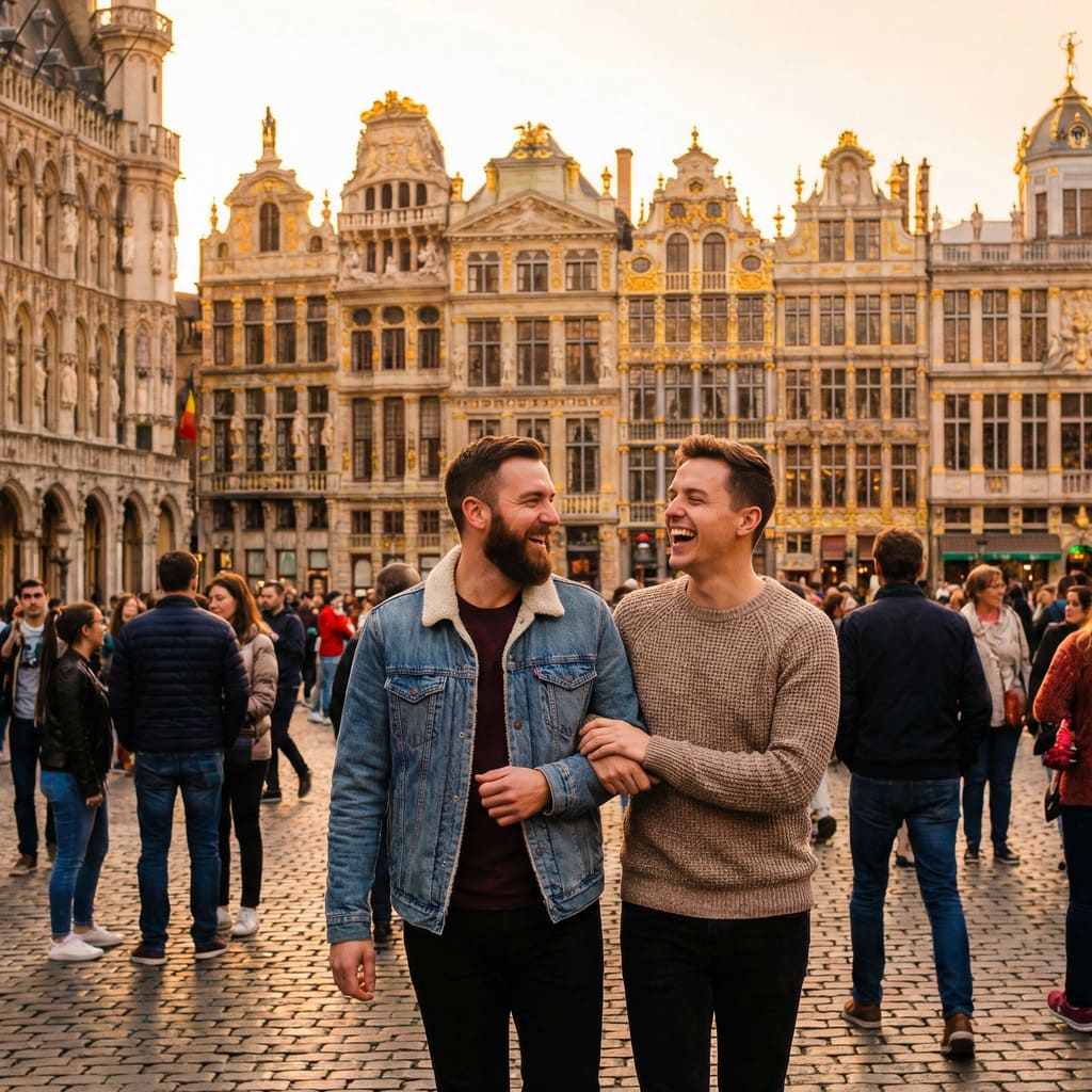 A stylish couple enjoying a walk in the Grand-Place of Brussels, Belgium.