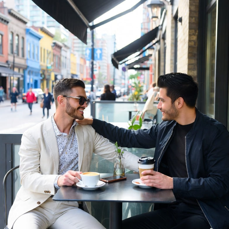 A stylish gay couple enjoying a coffee in a vibrant Canadian city like Toronto or Montreal.