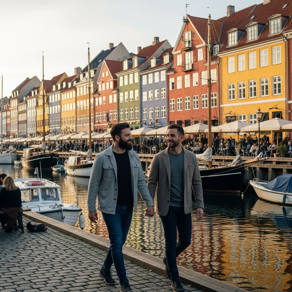 A happy couple enjoying a bike ride through the colorful streets of Copenhagen, Denmark.