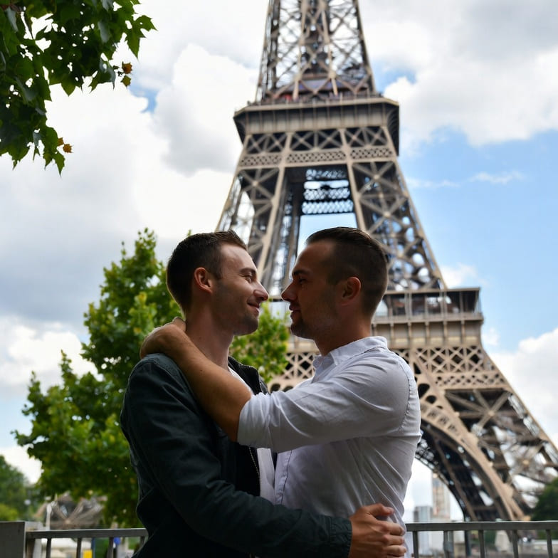 A romantic gay couple enjoying a view of the Eiffel Tower in Paris, France.