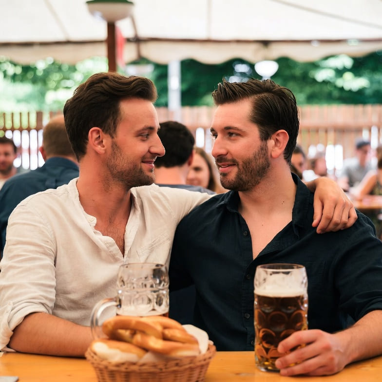 A gay couple enjoying a beer in a traditional German beer garden in Berlin.