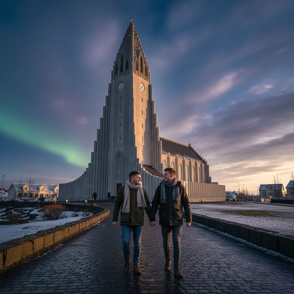 A couple watching the Northern Lights in Iceland.