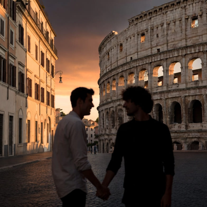 A couple enjoying a romantic evening near the Colosseum in Rome, Italy.