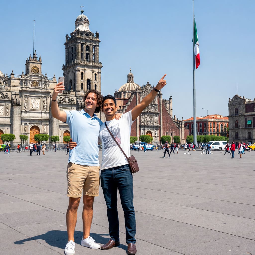 A happy couple enjoying the vibrant street life in Mexico City's Zona Rosa.
