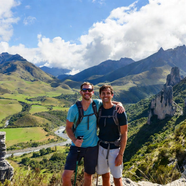 A gay couple hiking and enjoying the stunning natural scenery of New Zealand.