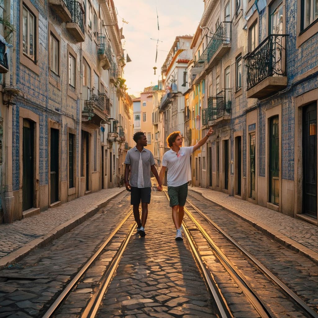 A couple enjoying a glass of wine on a balcony overlooking Lisbon, Portugal.