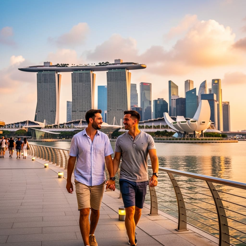 Two stylish men having a drink at a rooftop bar with the Singapore skyline in the background.