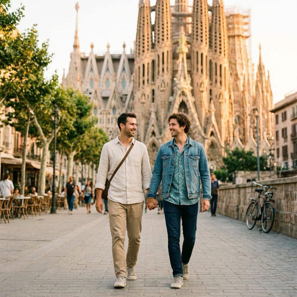 A couple laughing on a sunny beach in Sitges, Spain.