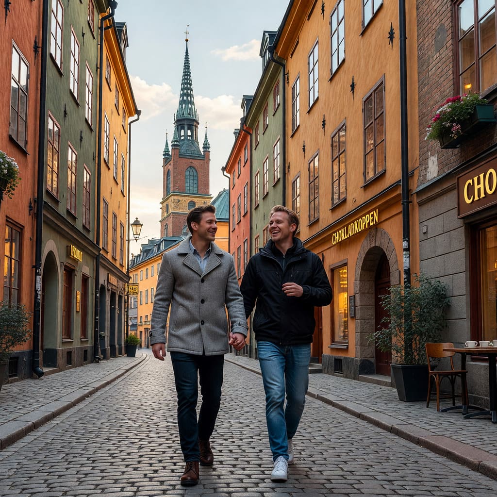 A stylish couple enjoying a fika in a cozy Stockholm café.