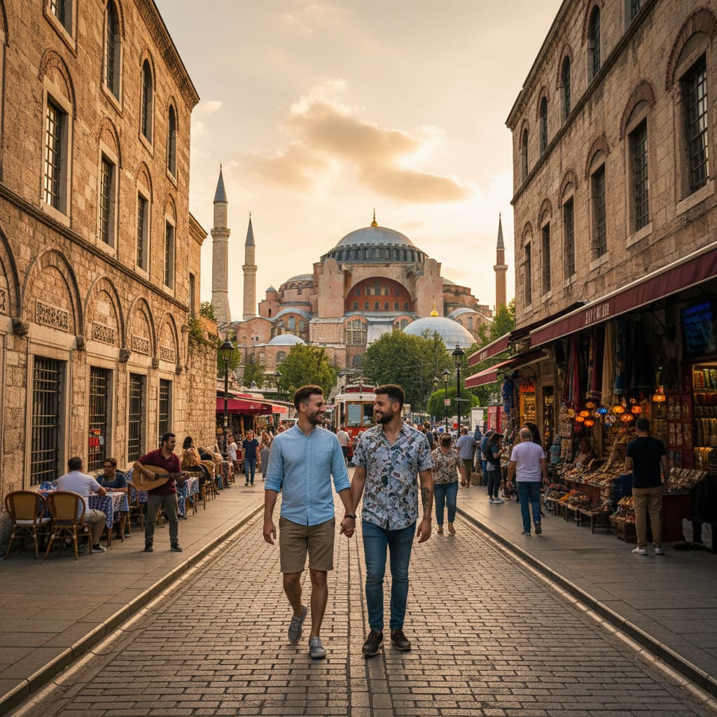 Two men enjoying a coffee with a view of the Bosphorus in Istanbul, Turkey.