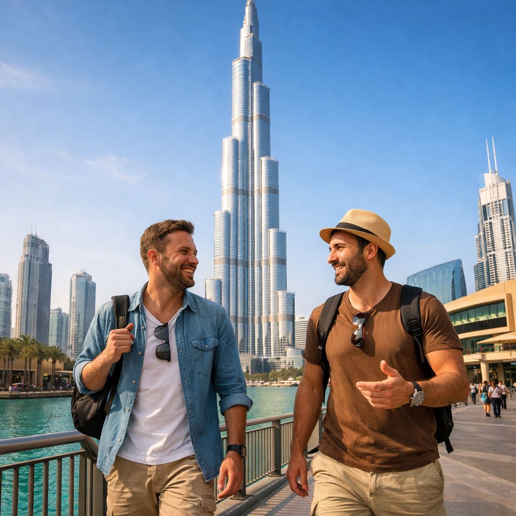 Two men having a discreet conversation in a luxurious lounge in Dubai.